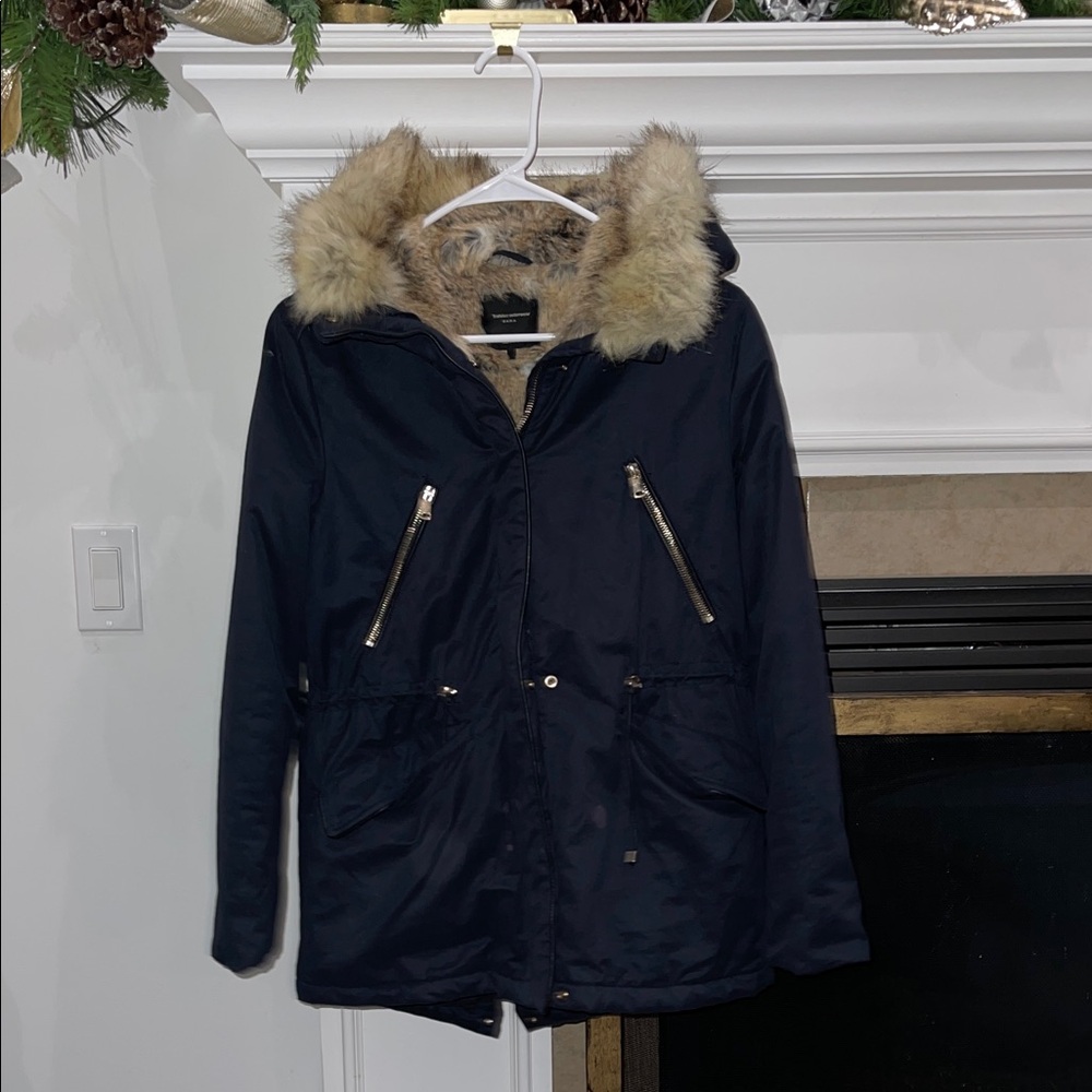 Zara Women's Navy Parka with Faux Fur Trim - Excellent Condition